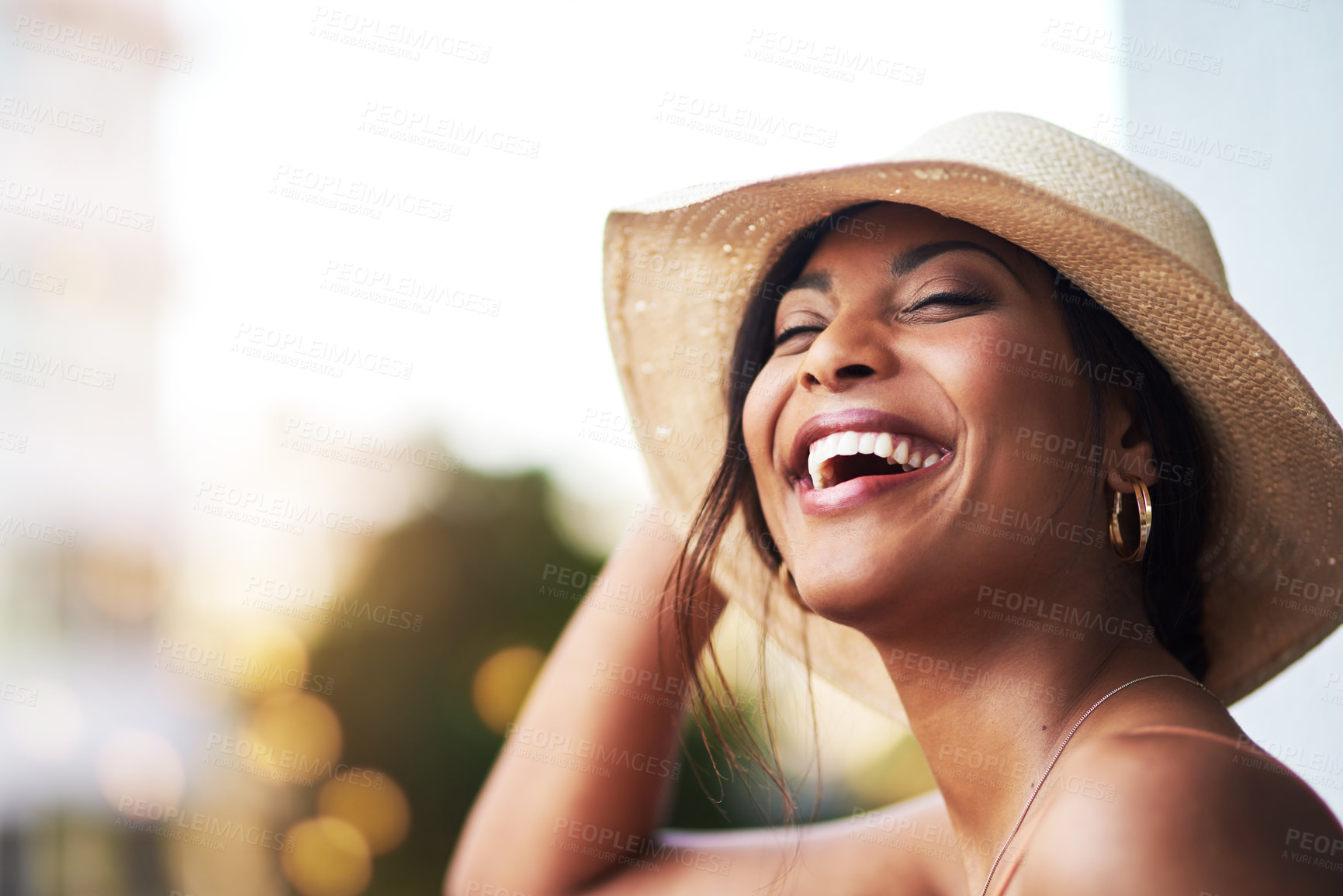 Buy stock photo Happy, freedom and woman in city for travel, vacation or holiday with sightseeing journey. Excited, straw hat and female person in town for self discovery on summer weekend trip getaway in Brazil.