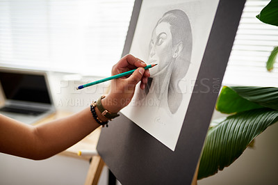 Buy stock photo Cropped shot of an unrecognizable artist drawing a portrait of a woman inside her studio