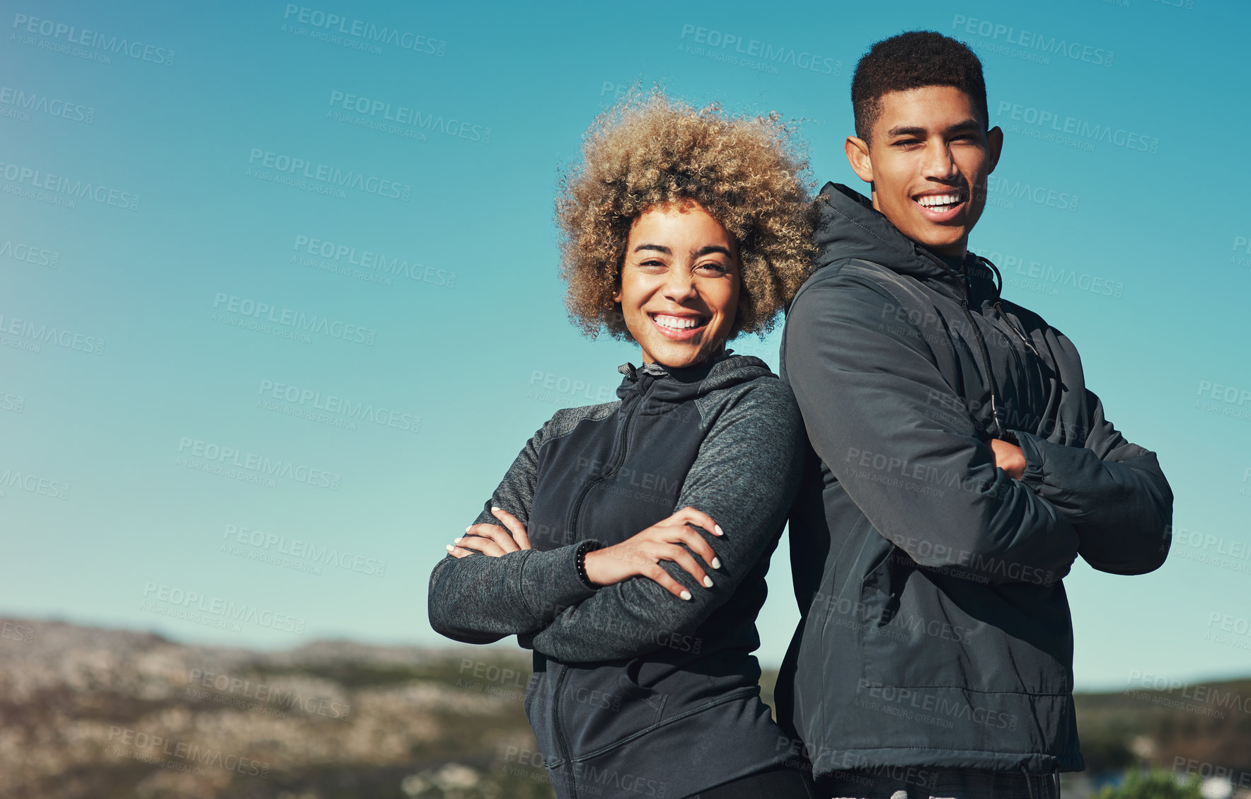 Buy stock photo Portrait of a happy young couple out for a run