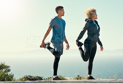 Buy stock photo Smile, stretching and warm up with couple and fitness training for health, workout and goals in outdoor. Prepare, blue sky and partnership with man and woman for exercise, wellness and sports break