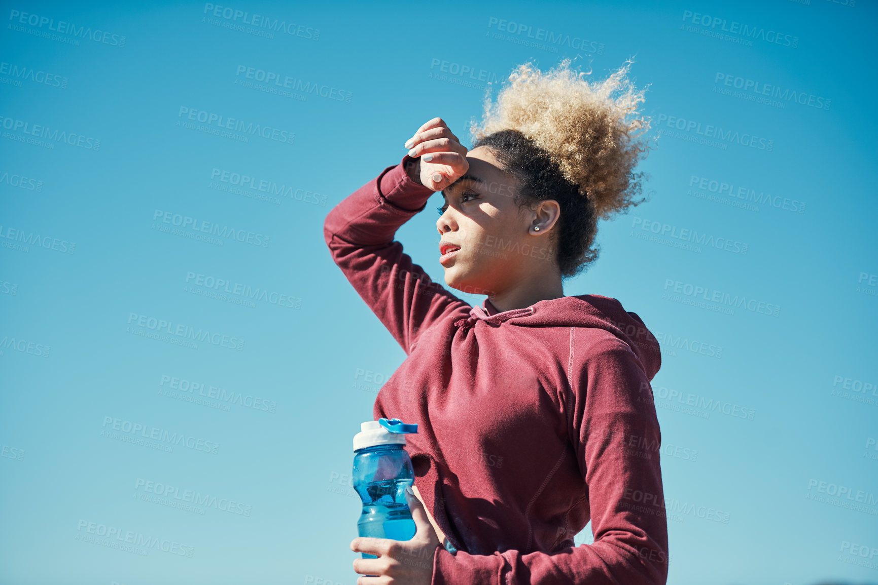 Buy stock photo Fitness, tired and woman with water outdoor for wellness or body health after exercise by sky. Fatigue, hydration bottle and runner in nature with electrolytes drink on break or rest on mockup space