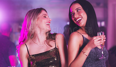 Buy stock photo Music, neon and friends dance at party, club or New Year celebration event with drinks, alcohol or champagne. Fun night life, energy and social women dancing, happy and celebrate at disco nightclub