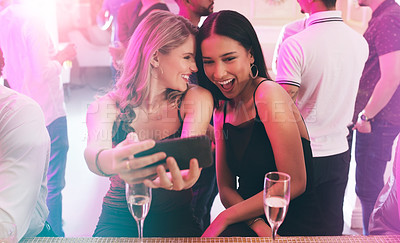 Buy stock photo Friends, selfie and wine with women at party in nightclub for celebration, new year and social media. Disco, music and smile with girl and phone at cocktail event for energy, happy hour and dance