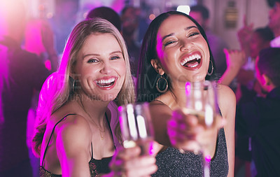 Buy stock photo Portrait, party and toast with woman friends in a nightclub for a new year celebration together. Birthday, event and cheers with a young female and friend bonding while clubbing or at a dance