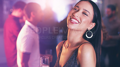 Buy stock photo Portrait of a beautiful young woman enjoying a party at a nightclub