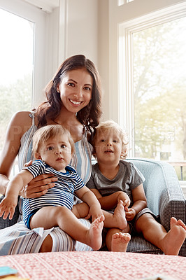 Buy stock photo Portrait of a mother bonding with her two little sons at home