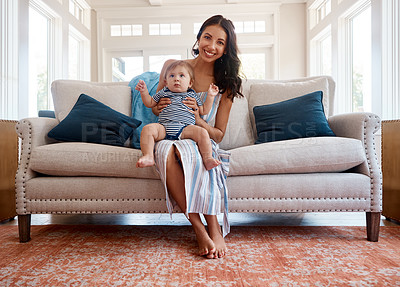 Buy stock photo Portrait of a mother bonding with her baby boy at home