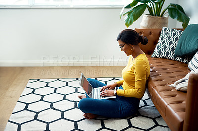 Buy stock photo Floor, computer and woman in work from home, studying and e learning and college education website. Relax, living room carpet and person or student typing on laptop, internet or elearning application
