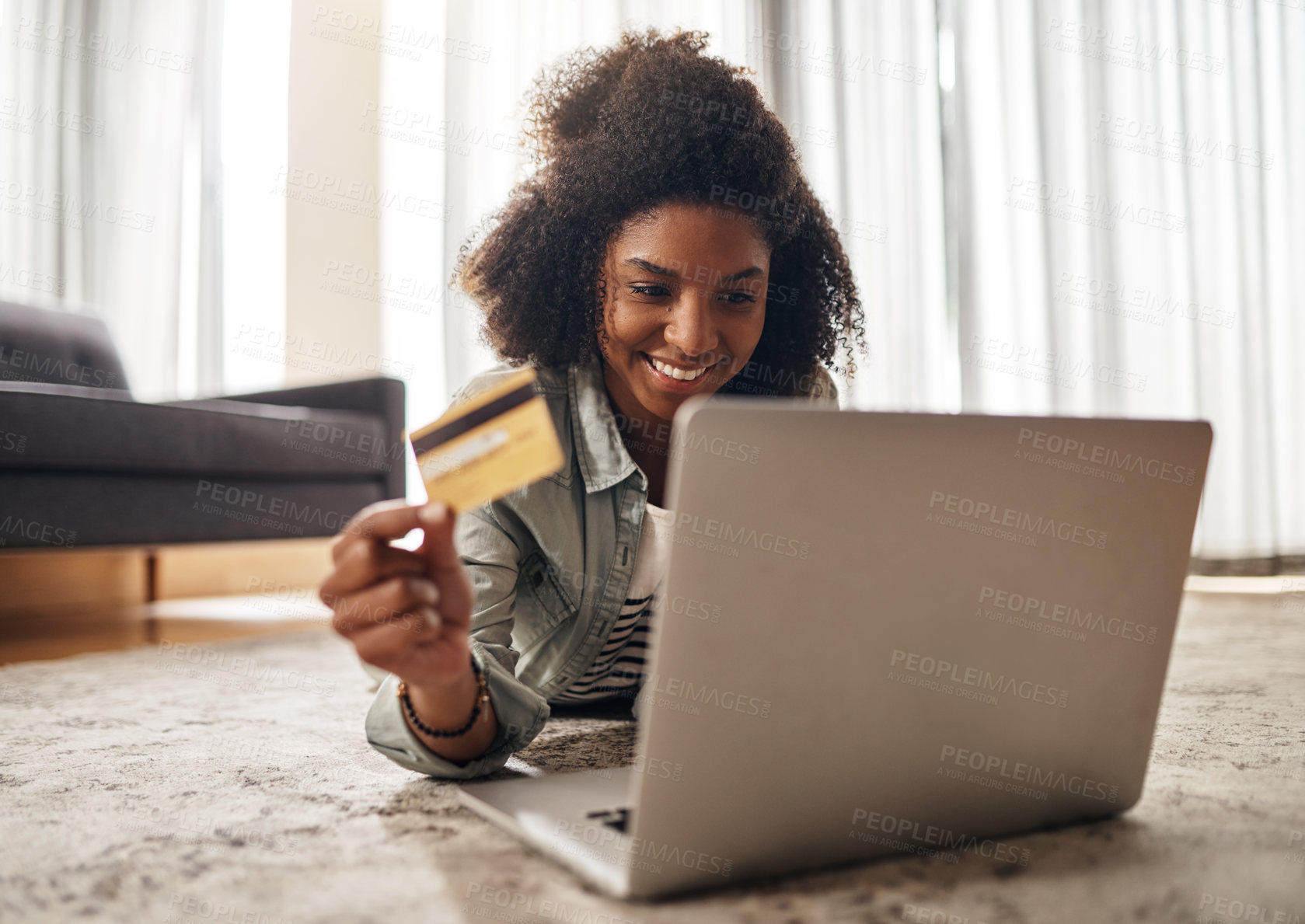 Buy stock photo Black woman, floor and smile on laptop with credit card for online shopping, payment and saving plan. Living room, happy and excited at home for internet banking, budget and investment with finance