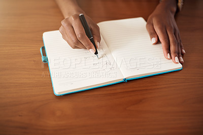 Buy stock photo Checklist, writing and hands of woman with notebook for planning, creative ideas and to do list at home. Brainstorming, tick notes and female person write goals, agenda and schedule in journal
