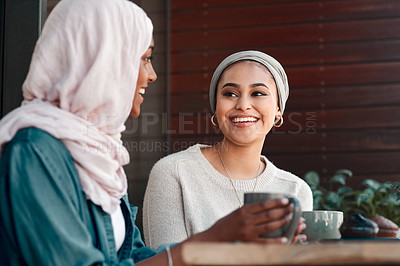 Buy stock photo Happy, coffee and smile with Muslim women in cafe for conversation, food and social. Friends, relax and culture with arabic female customer in restaurant for discussion, happiness and meeting
