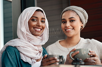 Buy stock photo Friends, coffee and portrait of  Muslim women in cafe for smile, food and social. Happy, relax and culture with arabic female customer in Dubai restaurant for drink, happiness and meeting