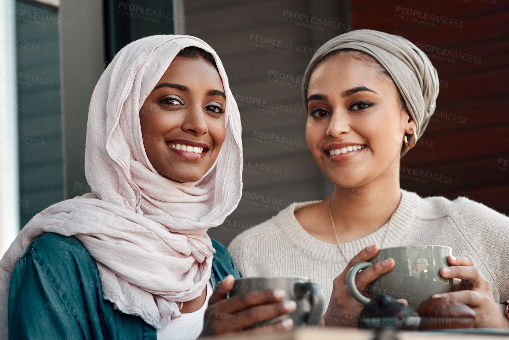 Buy stock photo Friends, coffee and portrait of  Muslim women in cafe for smile, food and social. Happy, relax and culture with arabic female customer in Dubai restaurant for drink, happiness and meeting