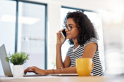 Buy stock photo Woman, laptop and phone call in home office for startup, research and small business agency. Creative designer, remote work and art director for project proposal, planning or entrepreneur goals