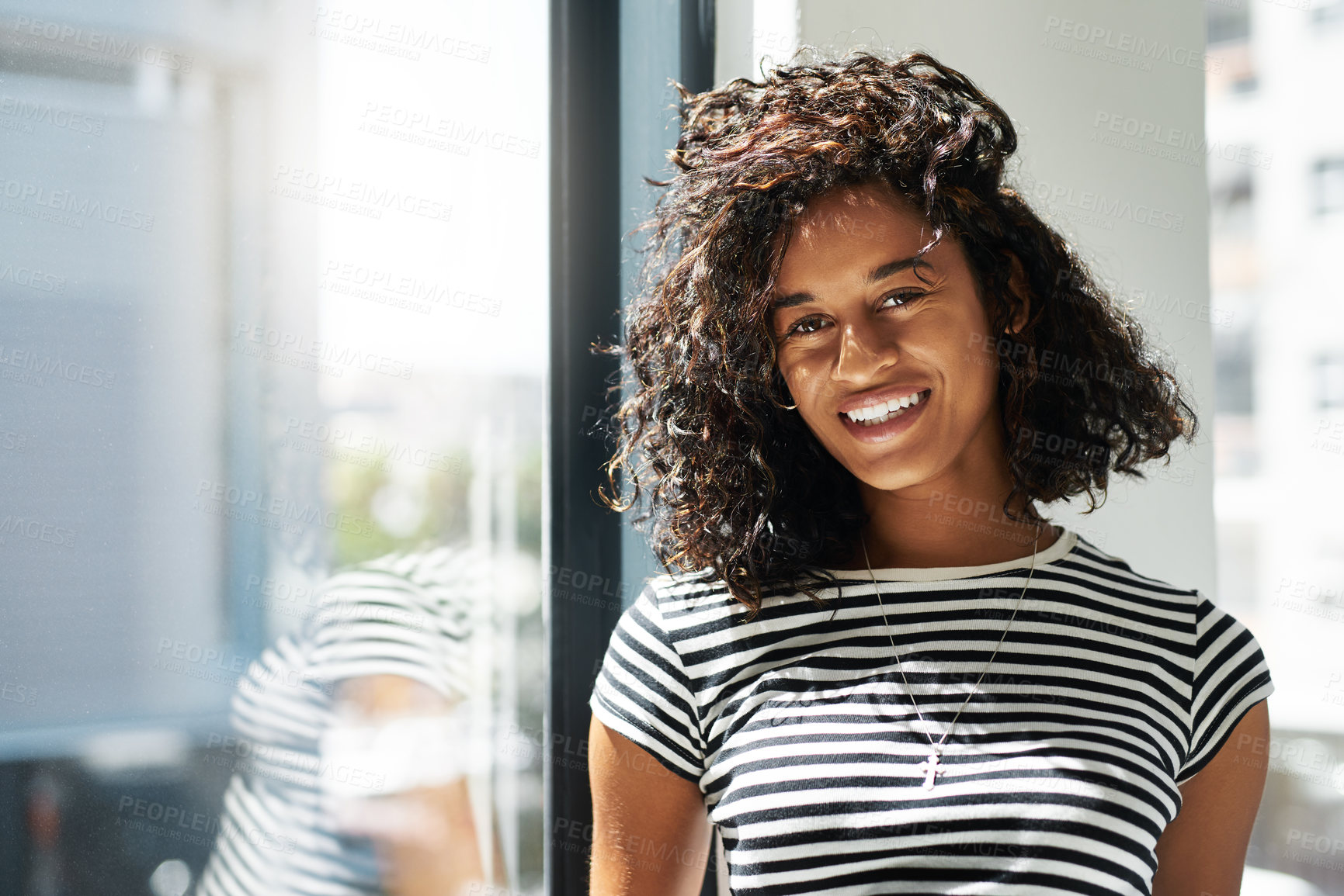 Buy stock photo City, portrait and smile with girl student in office for creative or design career at startup company. Agency, building and window with happy employee at workplace for internship at new job in Brazil
