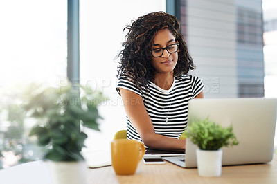 Buy stock photo Creative woman, thinking and research in home office for startup, online and small business agency. Designer, remote work and art director for project proposal, planning or entrepreneur goals