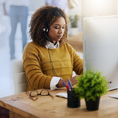 Buy stock photo Virtual assistant, crm or girl typing in call center consulting online at customer services help desk. Chat, computer or biracial woman consultant in telemarketing or telecom company agency in office