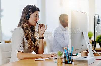 Buy stock photo Communication, mic or woman in call center consulting, speaking or talking at customer services. Virtual assistant, tech support or sales consultant in telemarketing or telecom company help desk 