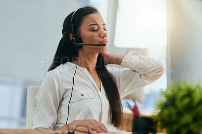 Buy stock photo Stress, customer service or woman in call center with neck pain injury while working in telecom help desk. Accident, injured agent or tired sales girl with joint pain emergency, fatigue and burnout