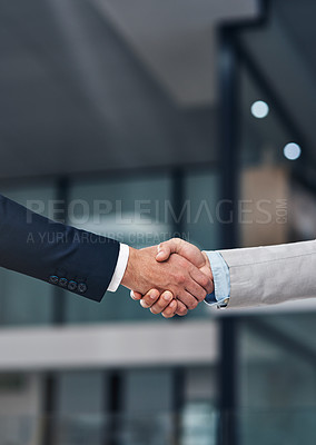 Buy stock photo Handshake, recruitment and hands of business men in office for hiring, partnership deal and thank you. Corporate, collaboration and male workers shaking hands for onboarding, support and teamwork