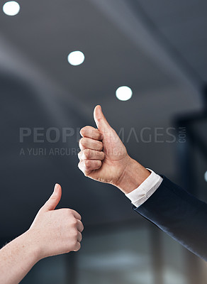 Buy stock photo Collaboration, thumbs up and hands of business people in office for feedback, good news and agreement. Corporate, approval and workers with gesture for thank you, support and yes sign in workplace