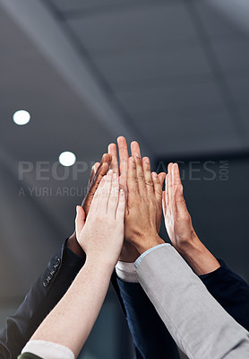 Buy stock photo High five, success and hands of business people in office for celebration, team building and motivation. Corporate, collaboration and workers with hand together for agreement, support and team goal