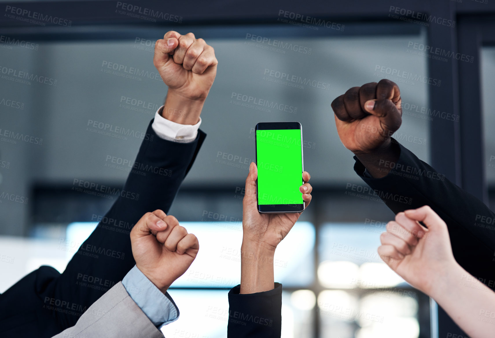 Buy stock photo Hands, group and smartphone with green screen, celebration and support with mock up space on mobile app. Business people, phone and chromakey display with blank ux, cheers and success in office