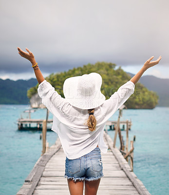 Buy stock photo Island, travel and back of woman on deck for holiday, summer vacation and weekend in Maldives. Traveling, tropical ocean and female person on luxury resort for relaxing, happiness and adventure