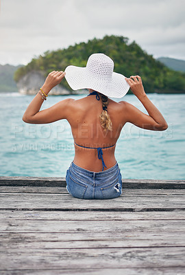 Buy stock photo Travel, ocean and woman relax on deck for holiday, summer vacation and weekend getaway in Maldives. Island, tropical beach and back of female person on luxury resort for tourism, sea and adventure