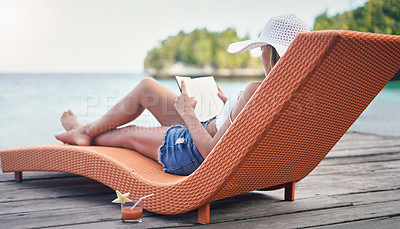 Buy stock photo Relax, reading and travel with woman at hotel resort for summer vacation, peace and tropical. Books, luxury and holiday with female tourist on deck at Bali villa for calm, exotic and resting