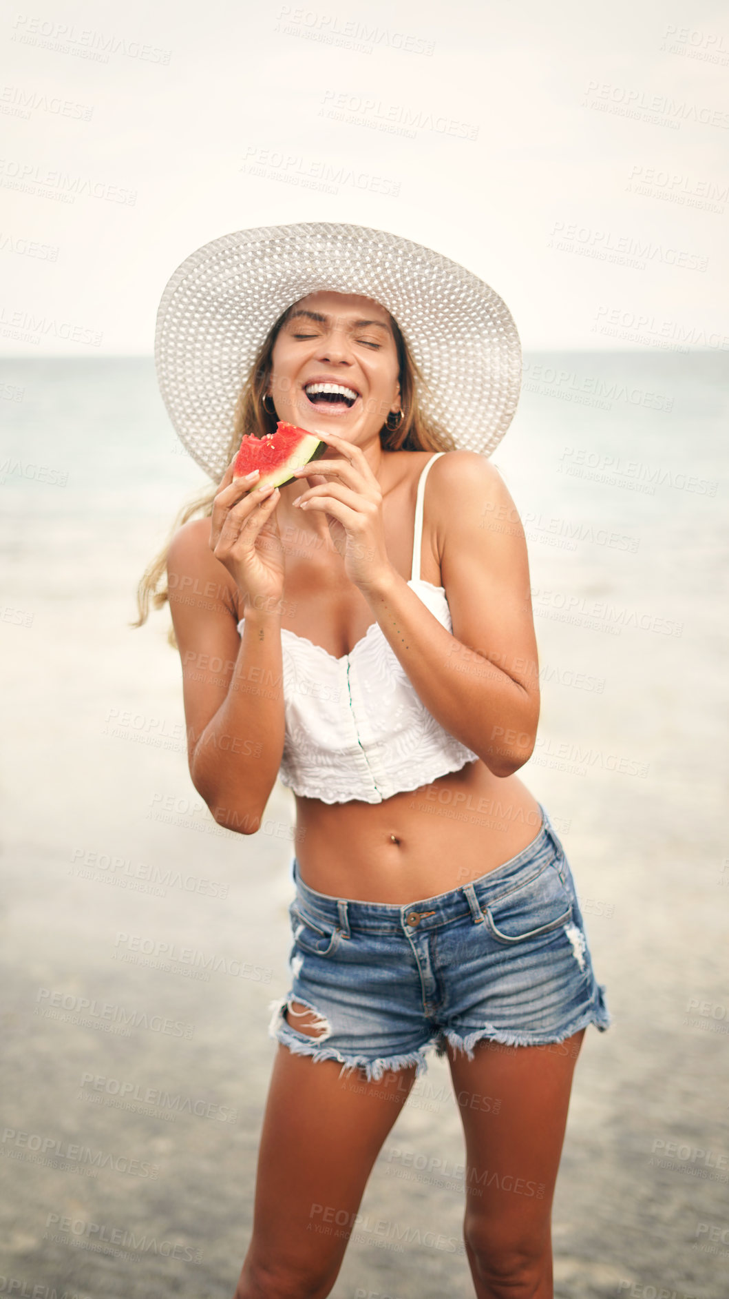Buy stock photo Travel, vacation and girl in beach, watermelon and water of nature, relax and fruit for diet in trip. Happiness, summer and holiday for tourist in Maldives, tropical and nutrition for health and body