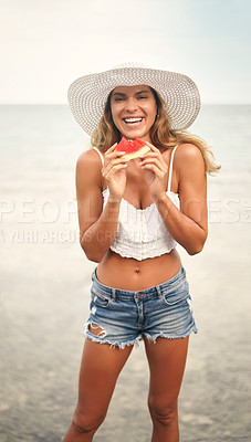 Buy stock photo Woman, beach and portrait with smile, watermelon and nature for Australia holiday. Happy girl, fruit and summer vacation with ocean, sea and adventure for travel and nutrition with food and snack