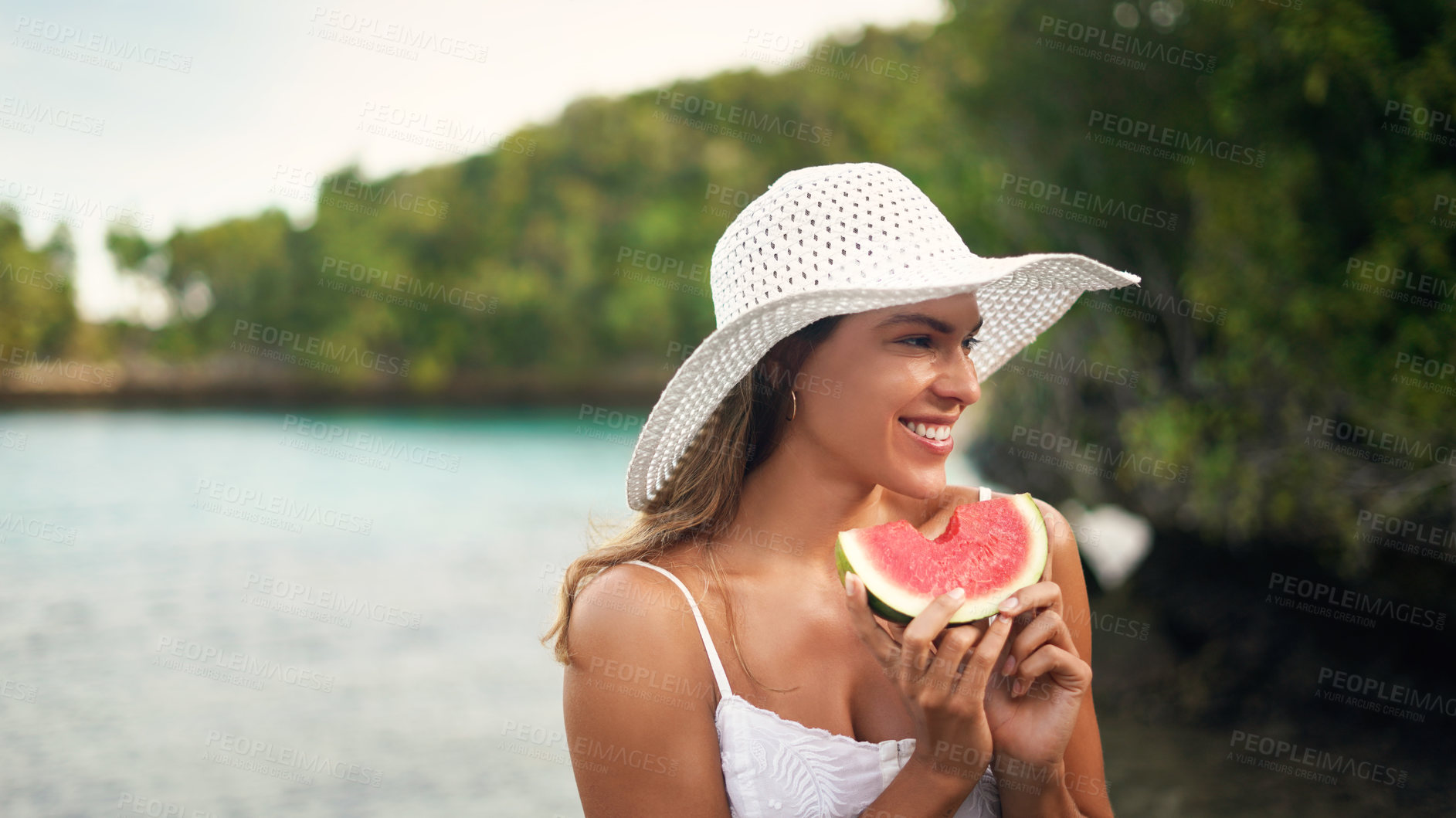 Buy stock photo Woman, watermelon and holiday outdoor with a smile by the sea on a summer vacation. Happiness, female person and relax with fruit and healthy food in nature by the ocean with freedom and travel