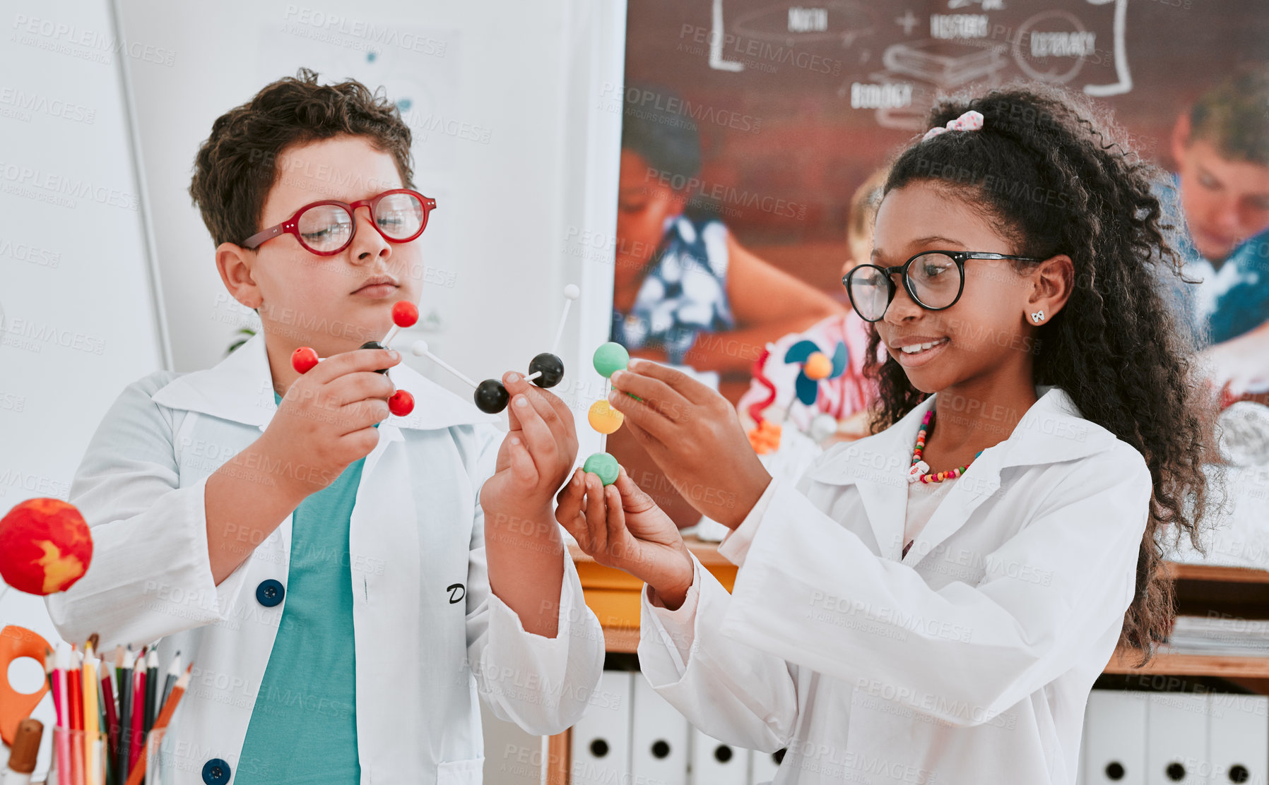 Buy stock photo Boy, girl and lab coat with molecule in classroom with thinking, glasses and learning for development. Child, particles and education for science with idea for studying, growth or progress at academy