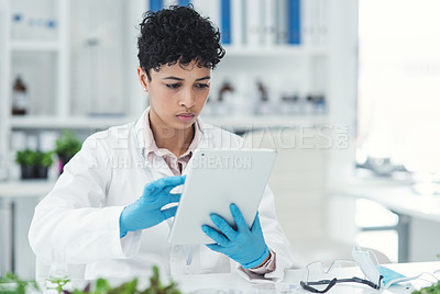 Buy stock photo Cropped shot of an attractive young female scientist using a digital tablet while working in a laboratory
