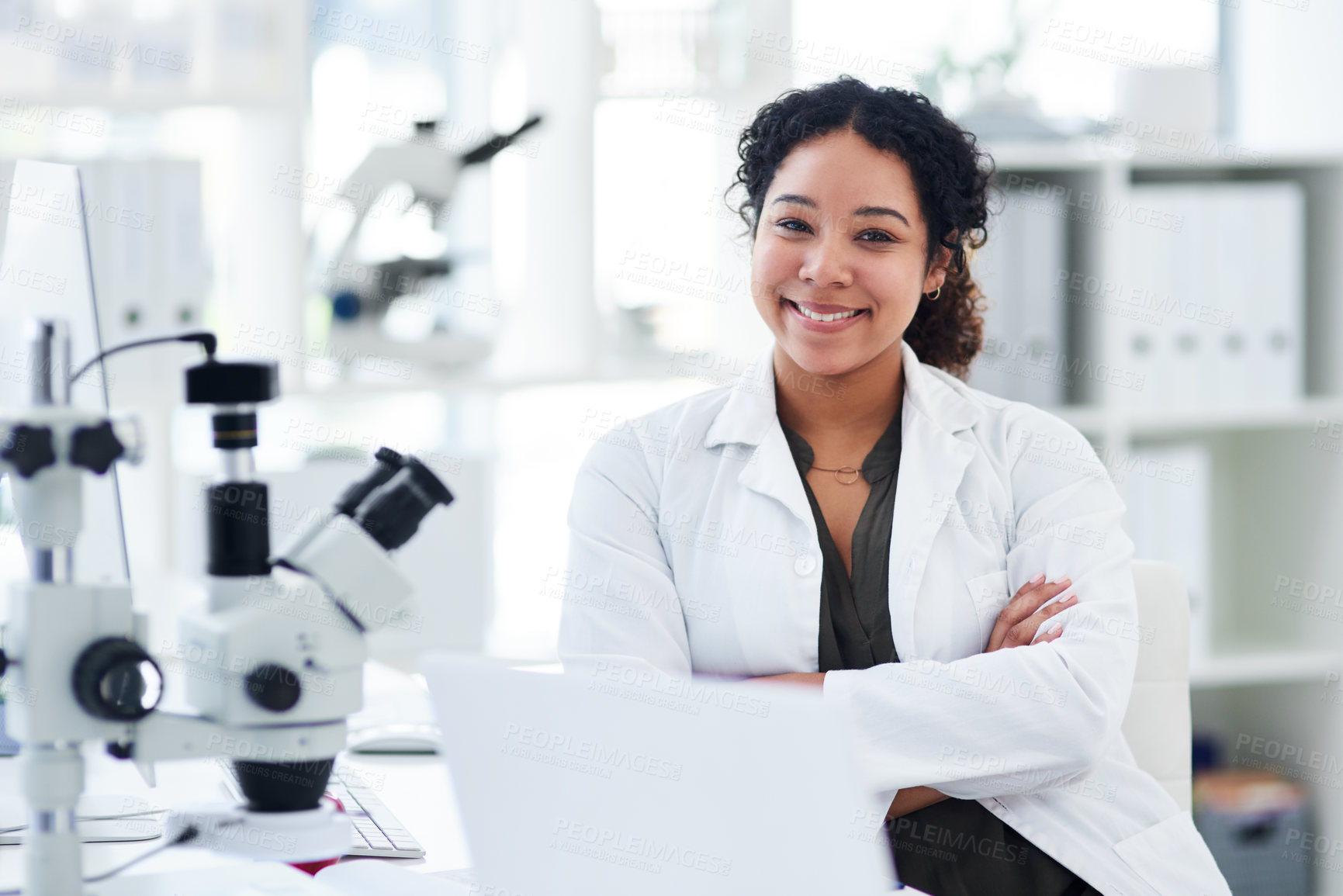 Buy stock photo Portrait, lab or happy woman with arms crossed for science breakthrough, clinical trial or discovery. Smile, medical testing or scientist on PC for vaccine research, mpox cure or development results