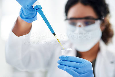 Buy stock photo Science, test and woman with pipette in test tube for medical development, growth or inspection in ppe. Biotech, innovation and scientist in mask for healthcare, research results or study in lab