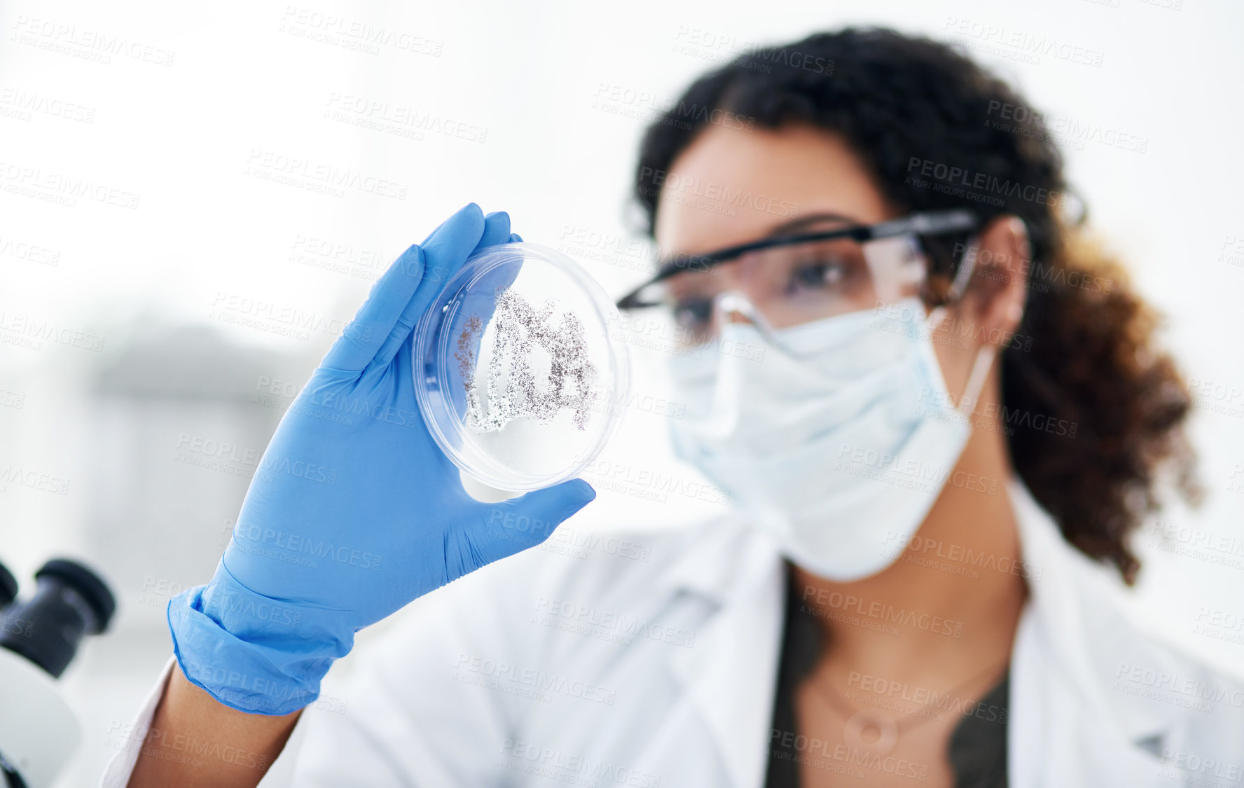 Buy stock photo Science, research and woman with sample in glass for medical development, virus inspection and ppe. Biotech, test and scientist in mask for vaccine innovation, health study and bacteria growth in lab