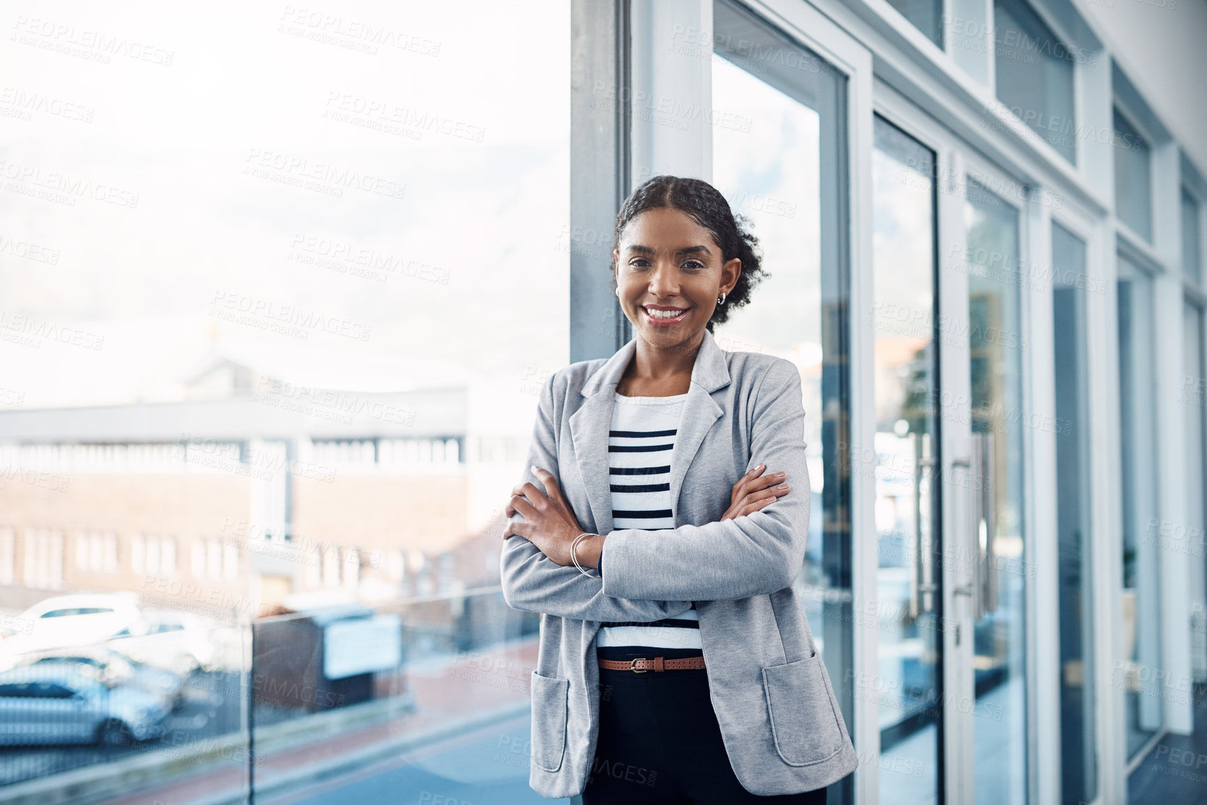 Buy stock photo Crossed arms, office and portrait of business black woman with confidence, company pride and startup ideas. Professional, window and person in workplace for career, job and working in creative agency