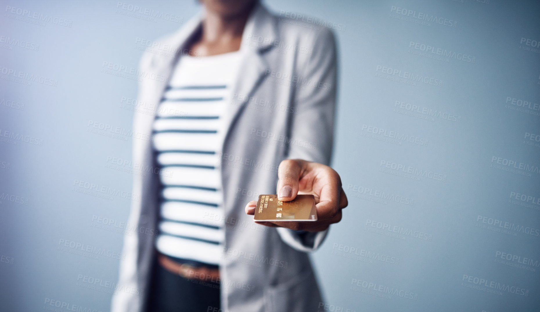 Buy stock photo Business woman, hand and payment with credit card in online shopping, transaction or tap on a gray studio background. Closeup of female person, shopper or employee with debit for banking or ecommerce