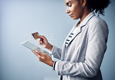 Buy stock photo Business woman with tablet, credit card and online shopping, ecommerce and fintech on studio background. Digital payment, corporate finance and professional female person with internet banking