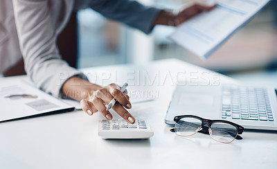 Buy stock photo Calculator, hand and female accountant working on finance investment report in the office. Accounting, taxes and closeup of woman financial advisor doing calculation for asset management in workplace