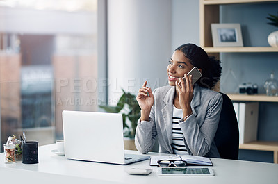 Buy stock photo Phone call, desk and business black woman in office for talking, networking and discussion. Corporate worker, professional and person on smartphone and laptop for planning, contact or communication