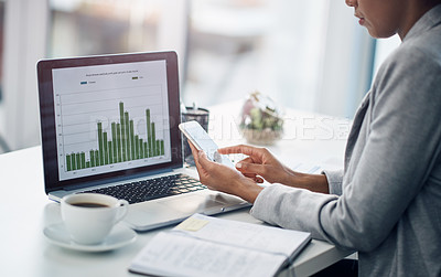 Buy stock photo Phone, stats and hands of woman at laptop for research, business analysis or online profit report. Budget, planning and consultant at desk with computer, graph or financial management on mobile app