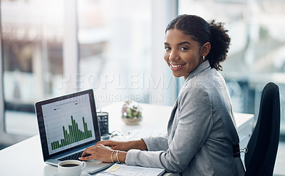 Buy stock photo Graph, laptop and portrait of working business woman doing financial strategy for growth at startup company with a smile. Happy, report and female financial advisor with profit progress on a screen