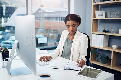 Buy stock photo Office, research and woman at computer for notes, business schedule or online profit report at agency. Budget, planning and consultant at desk with notebook, writing and financial risk management