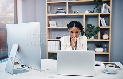 Buy stock photo Business, woman and thinking with laptop in office, planning and corporate online project for website. Working, internet search and information on tech, reading email and web designer in workplace