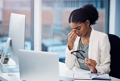 Buy stock photo Business woman, headache and vision problem with stress, corporate burnout and fatigue from working in office. Professional female person with migraine, frustrated with laptop glitch and tired worker