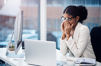 Buy stock photo Business woman, vision problem with stress and burnout, corporate fatigue with headache and working in office. Professional female person with migraine, frustrated with laptop glitch and tired worker
