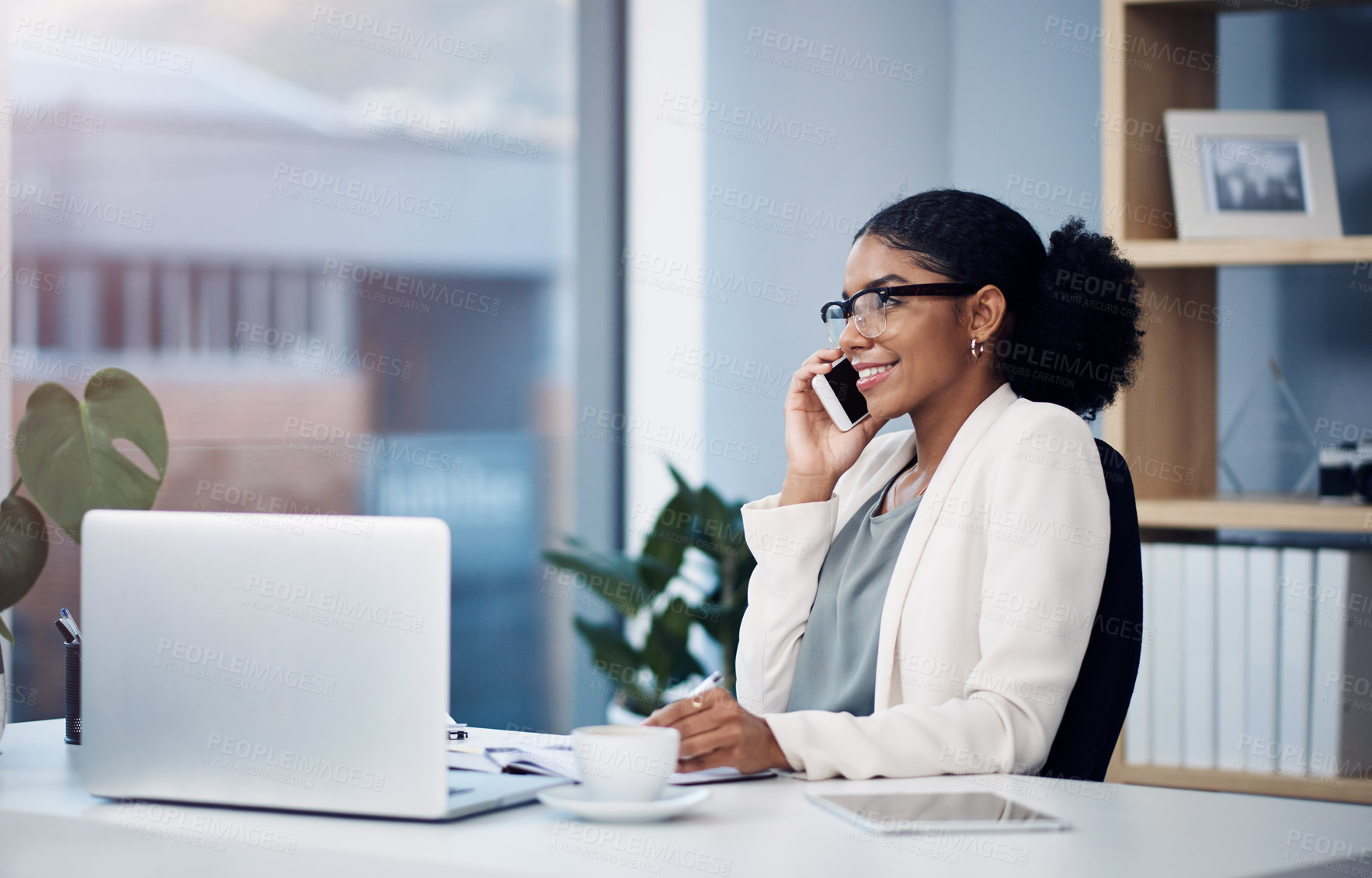 Buy stock photo Phone call, computer and business woman in office for online chat, networking and discussion. Corporate worker, professional and person on smartphone and laptop for planning, contact or communication